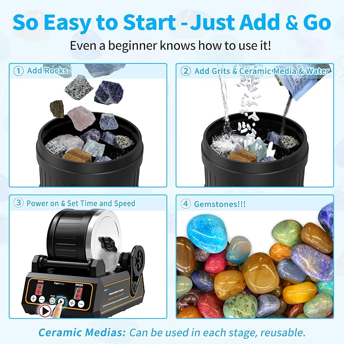 KomeStone Rock Tumbler Kit, K1 Professional Large 2.5LB Capacity Edition - Memory Function, Digital Timer & Variable Speeds: Includes All Accessories, Rock Polisher Gift for Adults & Kids