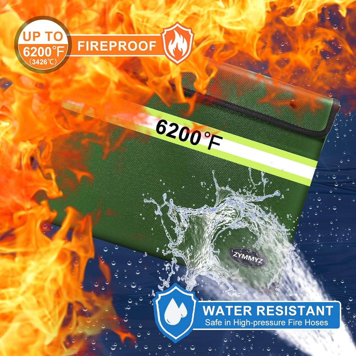 Fireproof Document Bag with Water Resistant Zipper,6200°F Heat Insulated Fire Proof Pouch with Soft Leather Hand Strap,Fire and Waterproof Envelope for Cash,Documents,Jewelry