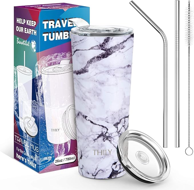 THILY Stainless Steel Vacuum Insulated Tumbler Travel Mug 26 oz Coffee Cup