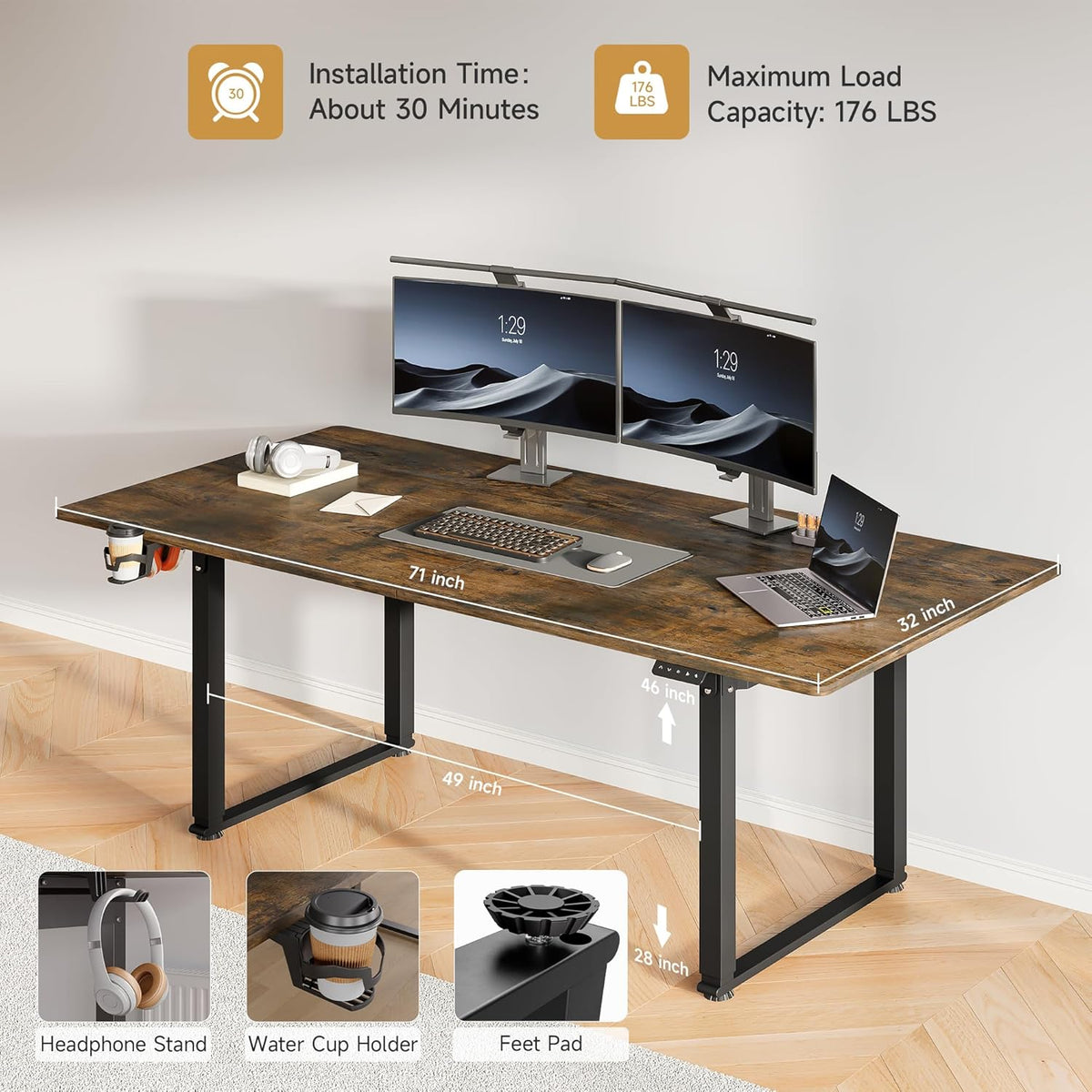 71x32 Inch Adjustable Standing Desk with 4 Legs, Stand-up Desk Features a Rectangular Top, Dual-Motor Lift, and Memory Presets (28-46Inch) for Home Offices or Computer Workstations, Rustic Brown