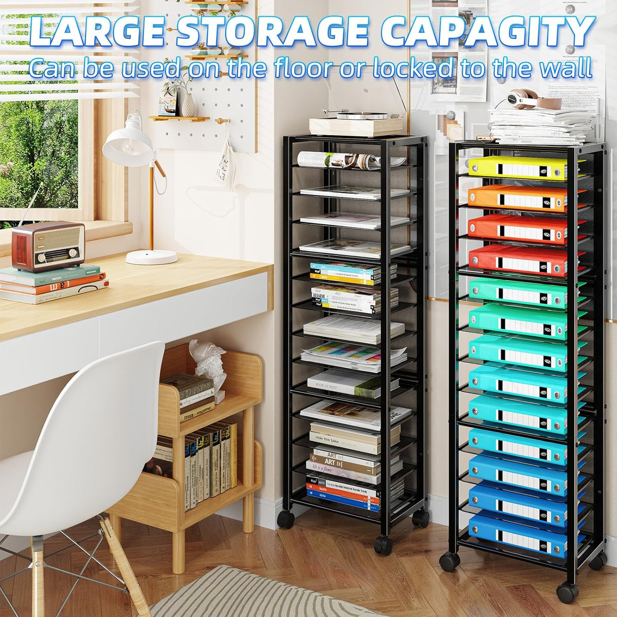 Simple Trending 14 Tier Rolling File Cart, Desk File Organizer with Sliding Trays and Wetal Mesh Paper Letter Storage Multi-Functional Rolling Clutter Cart for Office, Home, School, Black