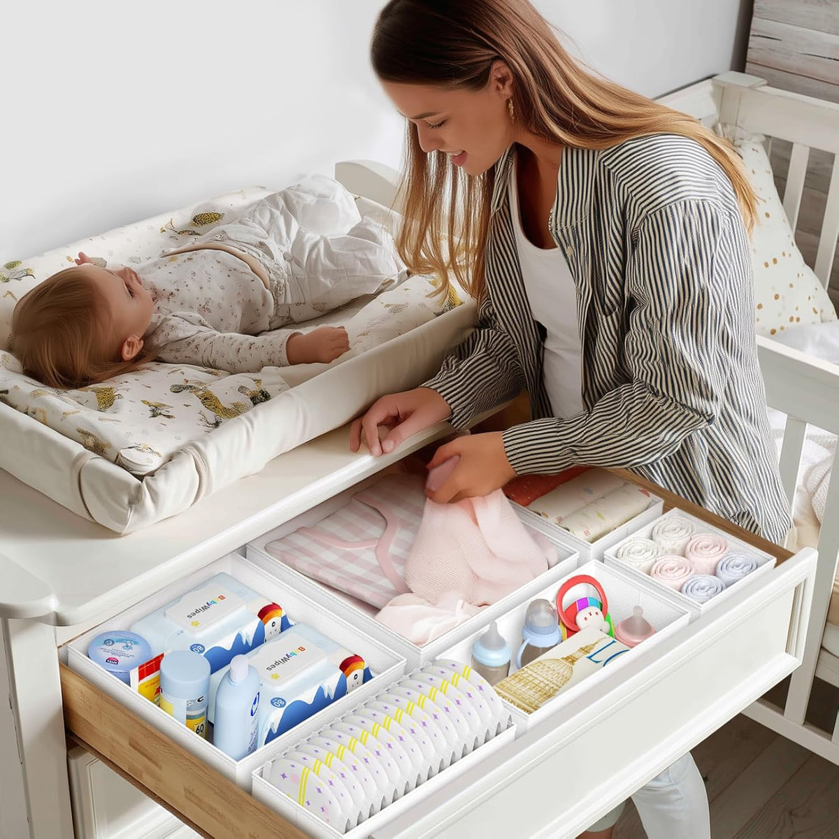 DIMJ Drawer Organizer Clothes - 20 Pack Closet Drawer Organizer Bins for Baby Clothes Storage, Fabric Dresser Organizer for Nursery Bedroom, Foldable Small Drawer Dividers for Underwear Socks