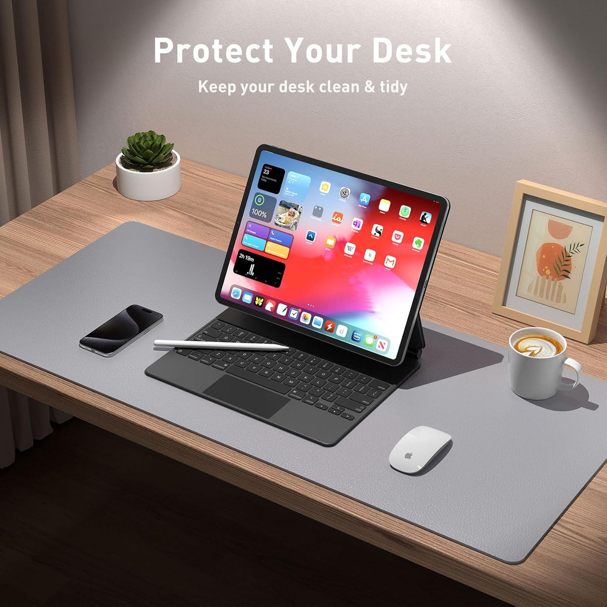 Aothia Leather Desk Pad Protector, Mouse Pad, Office Desk Mat, Non-Slip PU Leather Desk Blotter, Laptop Desk Pad, Waterproof Desk Writing Pad for Office and Home (48"x17", Light Grey)