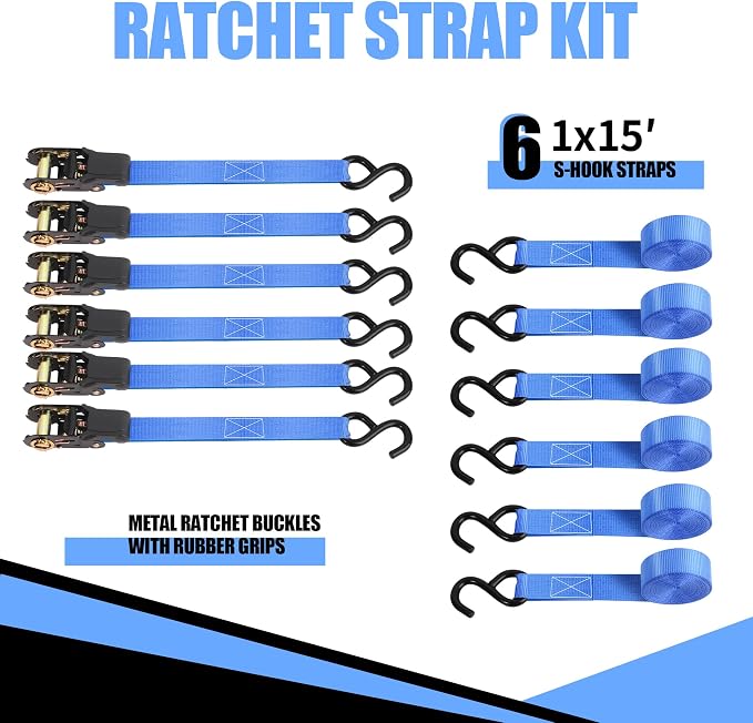 Cartman 1" x 15' Ratchet Tie Down up to 1500lbs 6pk in Carry Bag, Cargo Straps