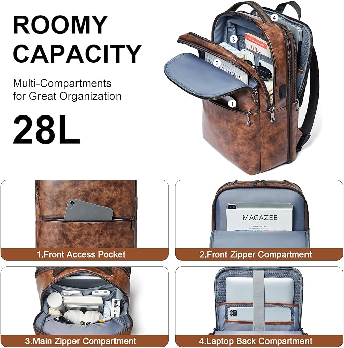 Vegan Leather Laptop Backpack for Women&Men, 16 Inch Expandable Backpack