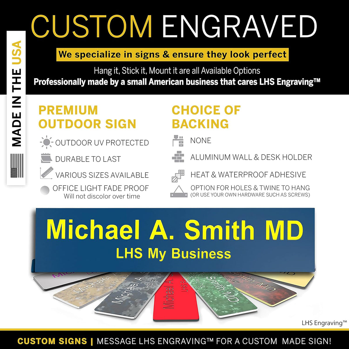 Engraved Door Signs for Office Personalized Blue Plastic Door Plaque with Yellow Letters - Made in USA 2x12 B20