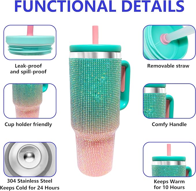 40-OZ Insulated Water Bottle,Insulated Stainless Steel Tumbler,Reusable Cold Drink Thermos,BPA-Free, Double-Wall Stainless Steel Water Bottle (Aqua Pink - Diamond, 40, Fluid Ounces, 40, Fluid Ounces)