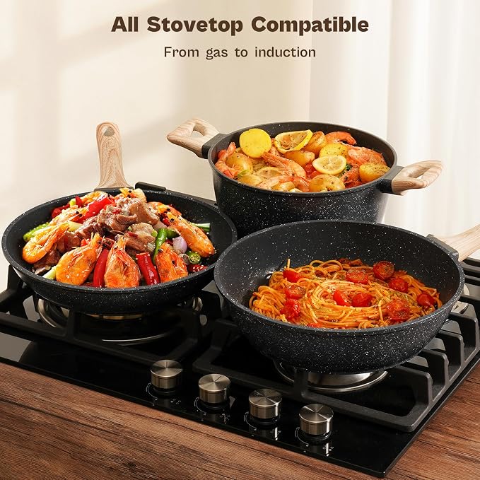 13 Pcs Pots and Pans Set, Nonstick Cookware Sets Black Granite Induction