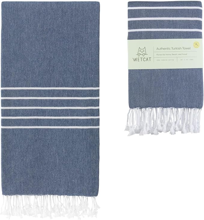 WETCAT Turkish Beach Towel Oversized (38"x71") 100% Turkish Cotton, Made in Turkey - Sand Free, Extra Large, Ultra Soft, Quick Drying, Compact & Lightweight for Travel - Navy Blue