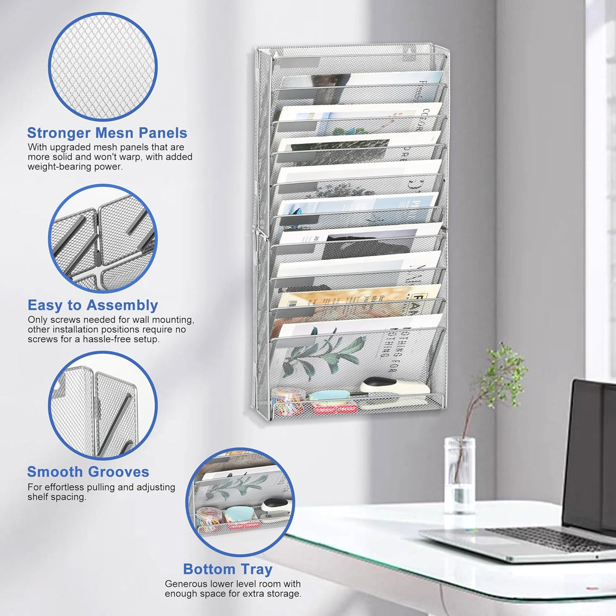 EasyPAG Wall File Holder Organizer 11 Tier Mesh Hanging Wall Mounted Document Paper Folder Filing Magazine Rack with Nametag Label for Office Home School, Silver