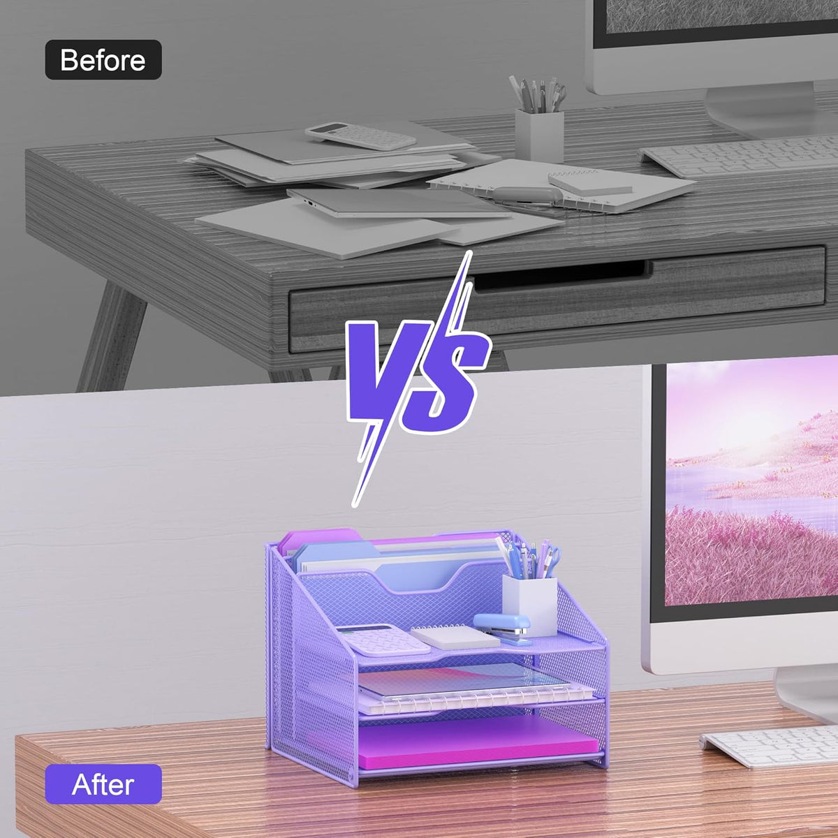 Samstar Purple Desk File Organizer, Mesh Letter File Folder Holder with 3 Paper Trays and 2 Vertical Upright Section, for Office Supplies, Desk Accessories & Workspace, Purple