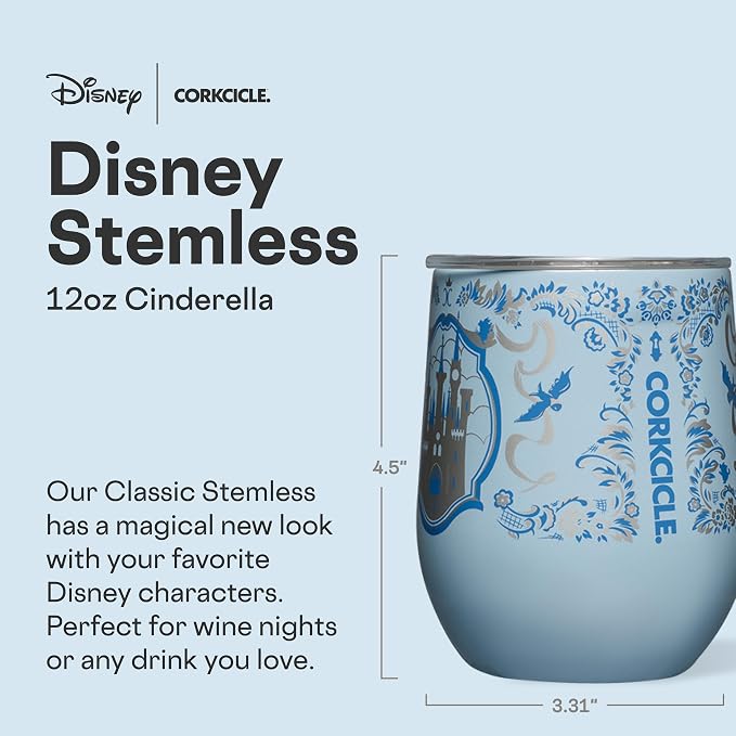 Corkcicle Stemless Insulated Wine Glass Tumbler - Beverages Cold 6 Hours & Hot 3 Hours - Stainless Steel - Easy-Grip - Summer Drinkware Gift - Keeps Drinks Ice - 12 oz - Princess Cinderella