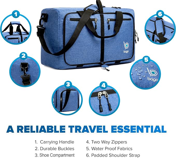 Bago Foldable Duffel Bags for Traveling Women & Men - 40L Sports Packable
