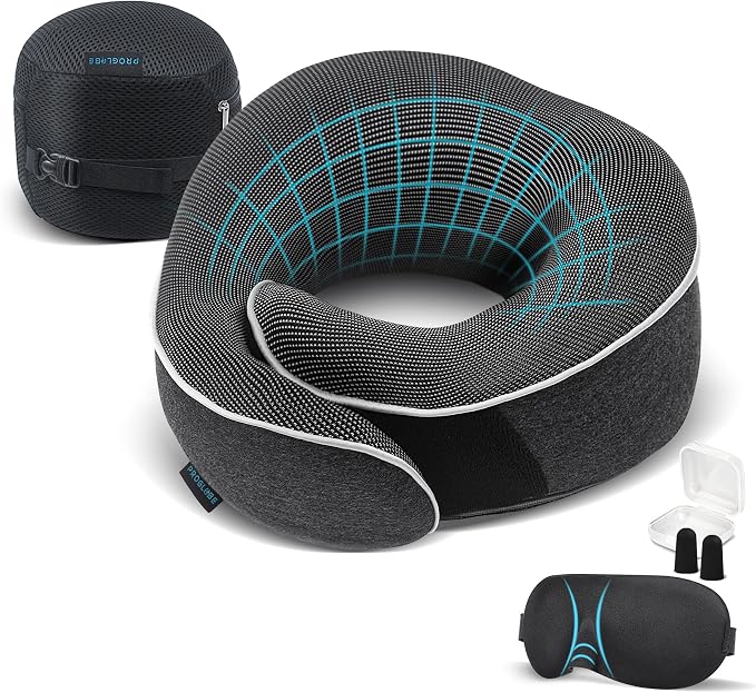 Travel Neck Pillow 100% Memory Foam – Airplane & Car Travel Essentials Kit