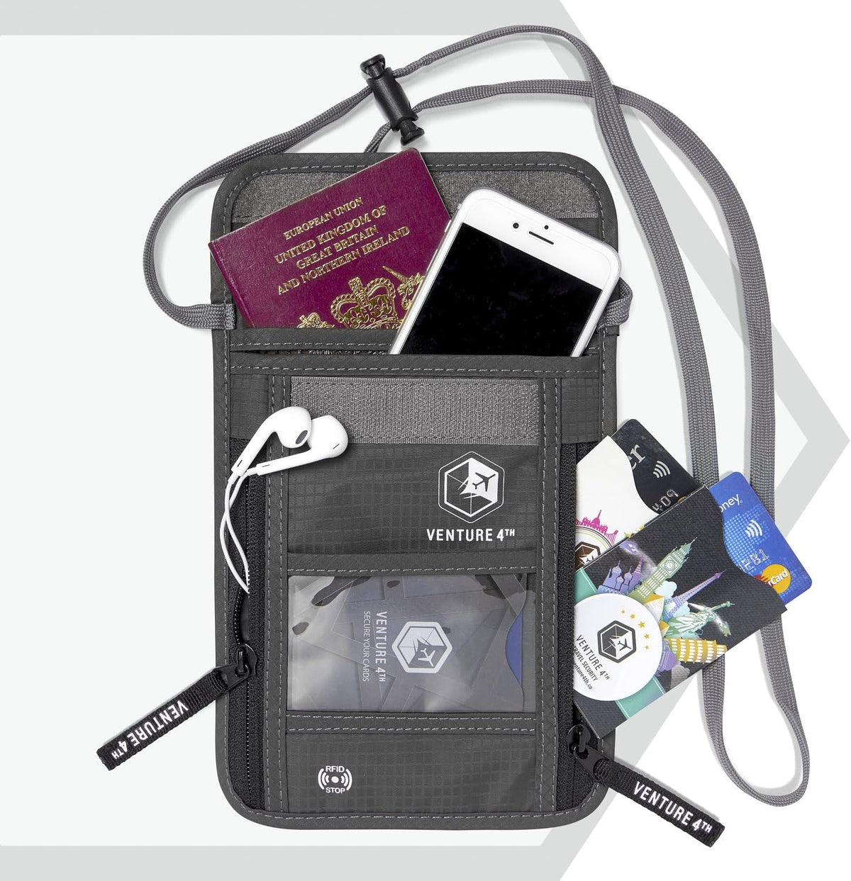 VENTURE 4TH Passport Holder Neck Wallet with RFID Blocking Nylon Lining - Hidden Neck Pouch for Travel (Gray)