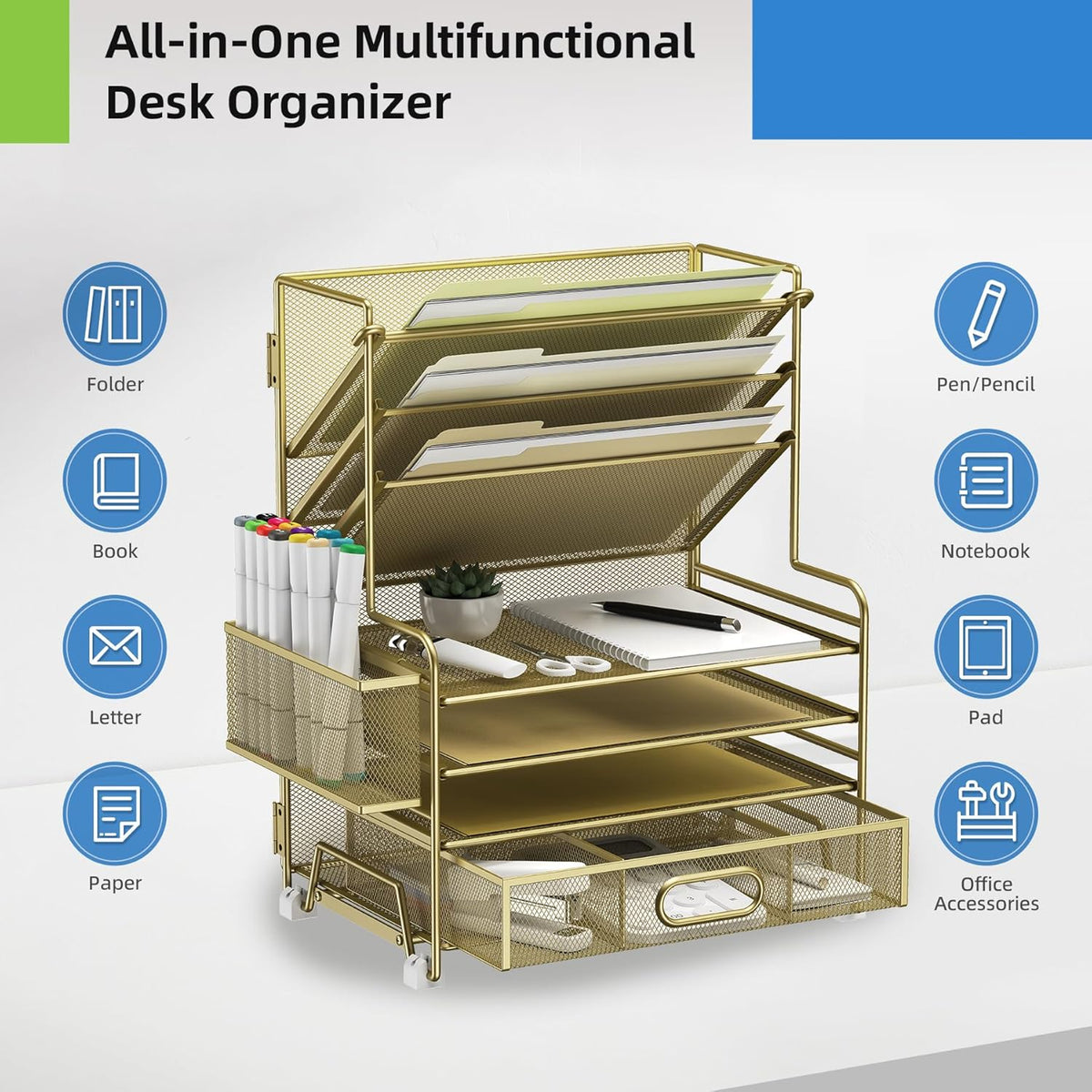 4-Tier Paper Organizer + 3-Pocket File Holder + Drawer + Pen Holders, Desktop File Organizers Paper Tray for Office Supplies School Classroom Organization (Gold, with Drawer & Pen Holder)
