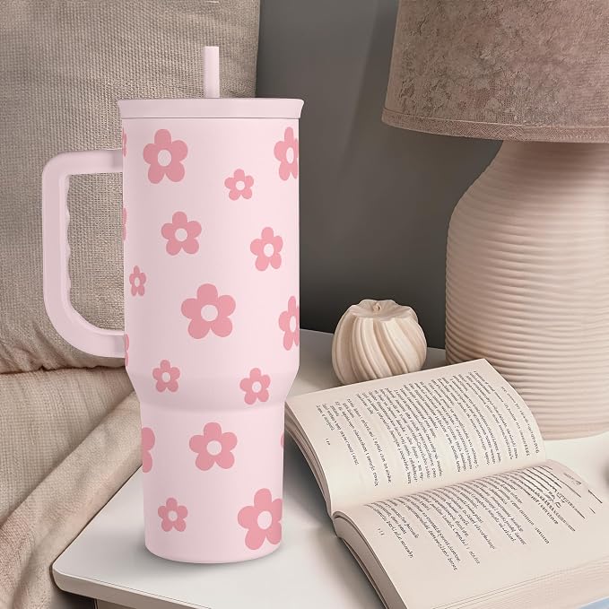 Floral Tumbler with Handle and Straw 40oz Stainless Sleel Slider Tumbler Travel Coffee Mug for Women - Gift Idea for Birthday Christmas