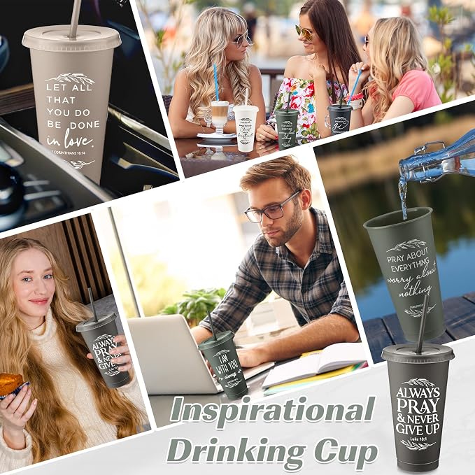 Havawish 24 Pcs Mothers Day Christian Tumbler Gift Bulk Religious Inspirational 24 oz Drinking Jesus Cup with Lid Straw Bible Verse Plastic Cup for Church Father Teacher First Communion (Vivid Color)