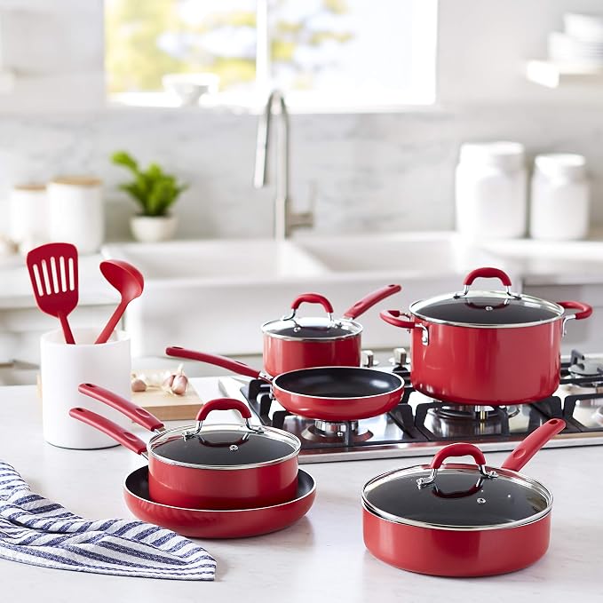 Amazon Basics Aluminum NS 12pc Red cookware set, 12 piece