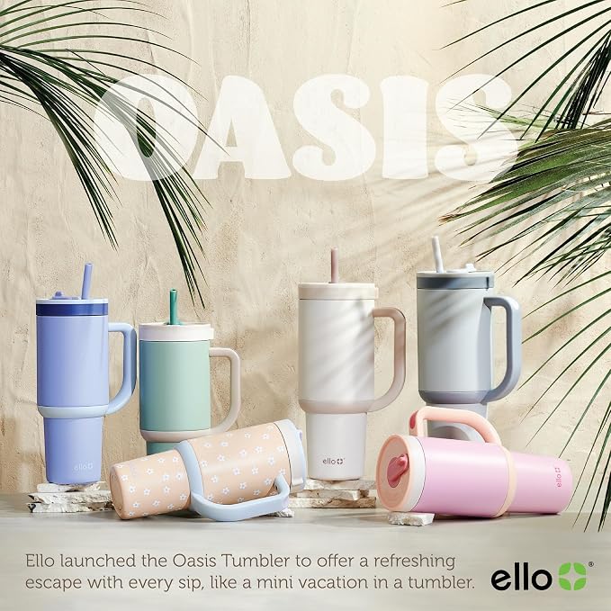 Ello Oasis 30 oz Tumbler with Handle & Retracting Straw | Reusable Insulated Stainless Steel Cup 100% Leakproof, Gifts for Teens Women Men | Keeps cold for 20 Hours, Cup Holder Friendly, Grayscale