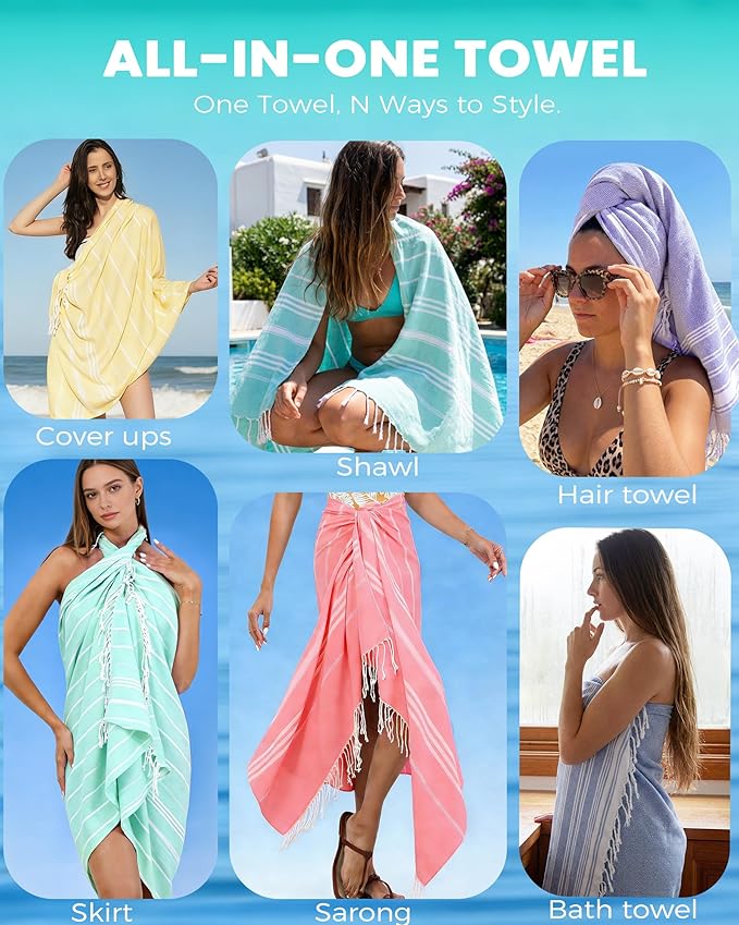 2 Packs Turkish Beach Towels Vacation Essentials Quick Dry Sand Free Soft Absorbent Extra Large Xl Big Blanket Adult Oversized Bath Pool Swim Towel Lightweight Thin Sandless Compact No Sand Packabl