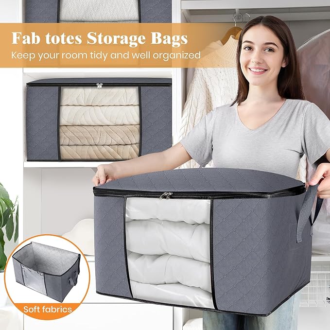 Fab totes 6 Pack Clothes Storage, Foldable Thick Fabric Blanket Storage Bags