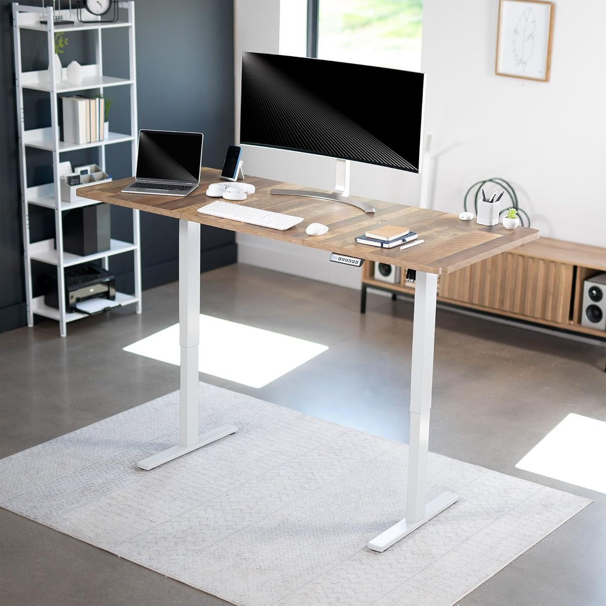 VIVO Electric 71 x 30 in Standing Desk, Memory Height Adjustment, 1B Series, Reclaimed Wood Top White Frame, DESK-KIT-1W7P