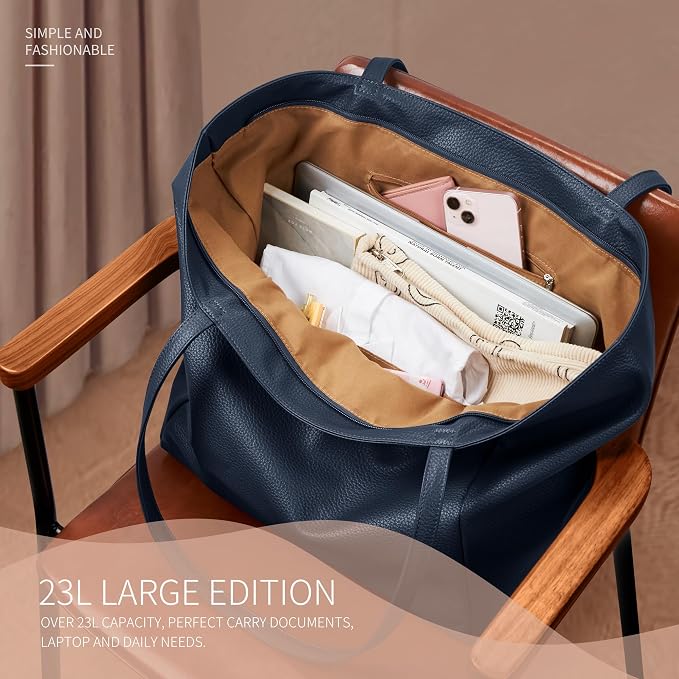KALIDI Large Tote Bag Vegan Leather Casual Zipper Work Bag Weekender Hobo