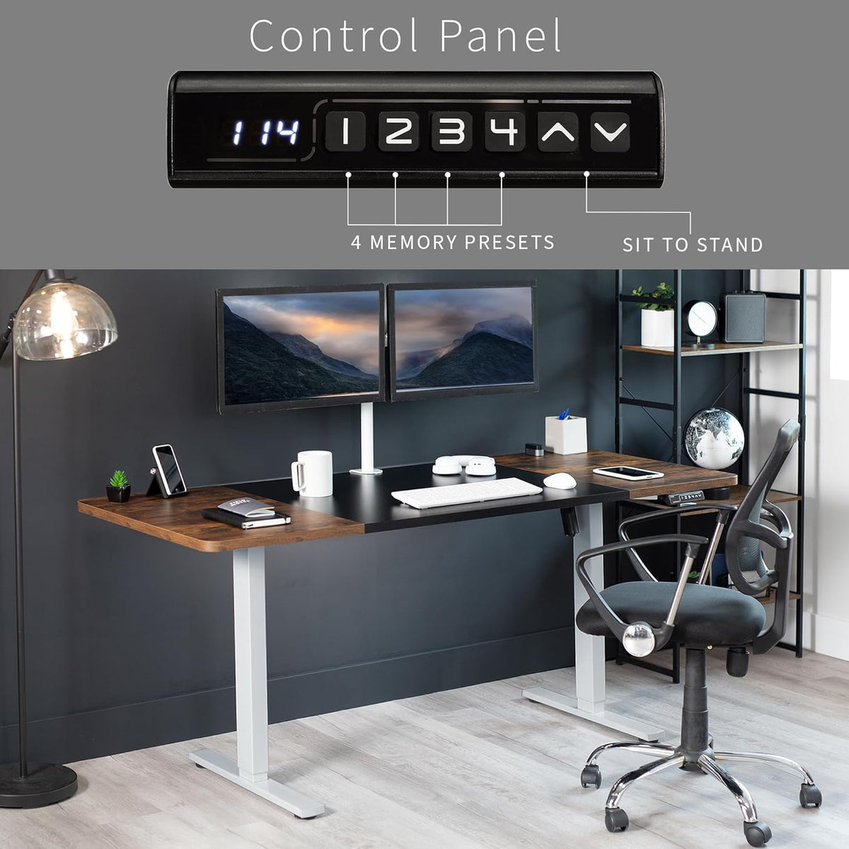 VIVO Electric 71 x 30 in Rustic Standing Desk, Memory Height Adjustment, 1B Series, Black and Vintage Brown Top, Gray Frame, DESK-KIT-1G7BN