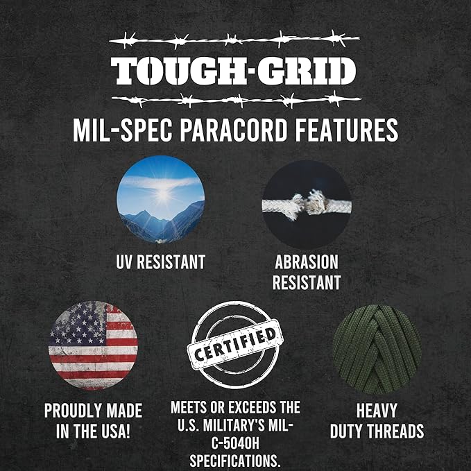 TOUGH-GRID 550 Paracord Rope Nylon Parachute Cord, Made in USA Survival Kit