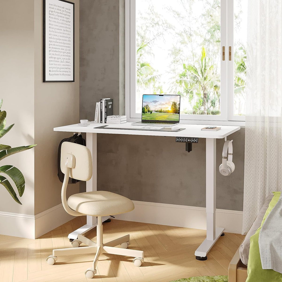 Veken 55 Inch, Height Adjustable Sit Stand Up, Wood Desktop, Work Home Office Computer PC Table, Tall Standup Workstation, Gaming Writing Study Bedroom Rising Desks, White