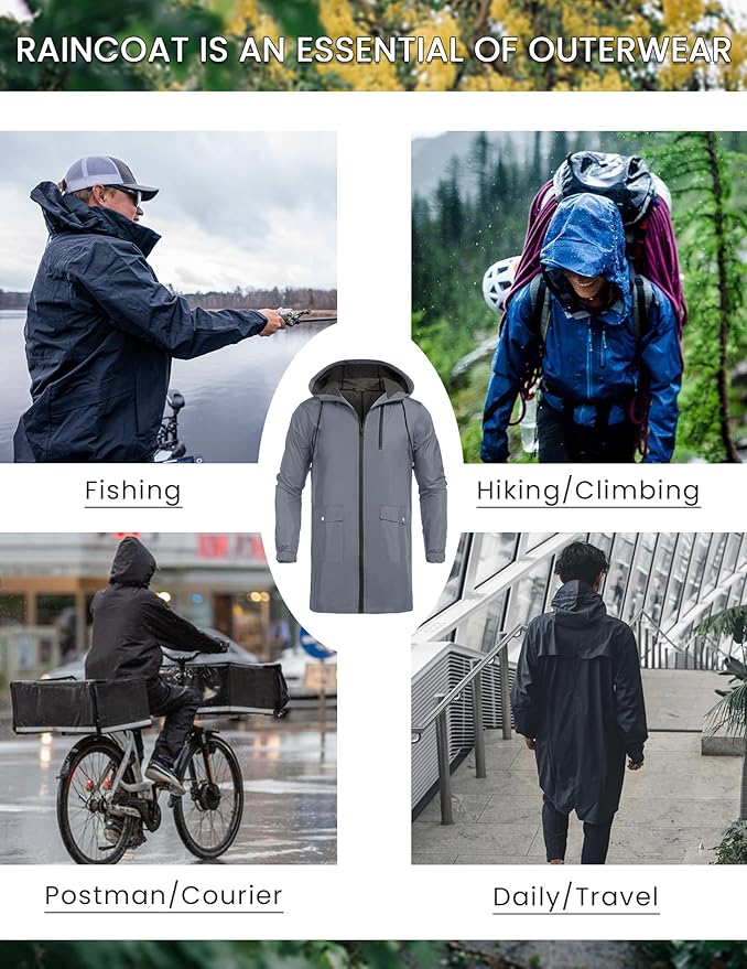 COOFANDY Men's Long Raincoat Ligtweight Rain Jacket Waterproof Outdoor Jackets