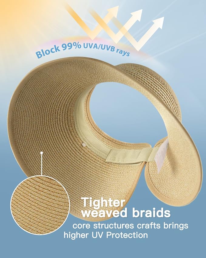 FURTALK Sun Hats for Women Wide Brim Beach Hat Straw Visor Ponytail Summer UV