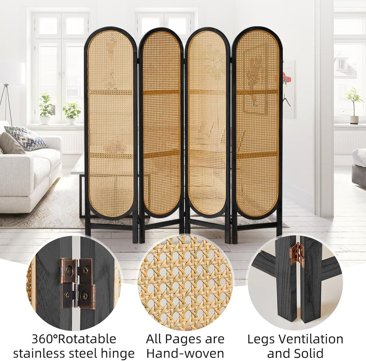 4 Panels Room Dividers and Hand-Woven Rattan Room Divider Wall, Wood Room Divider Folding Privacy Screens for Home Office Bedroom, Black