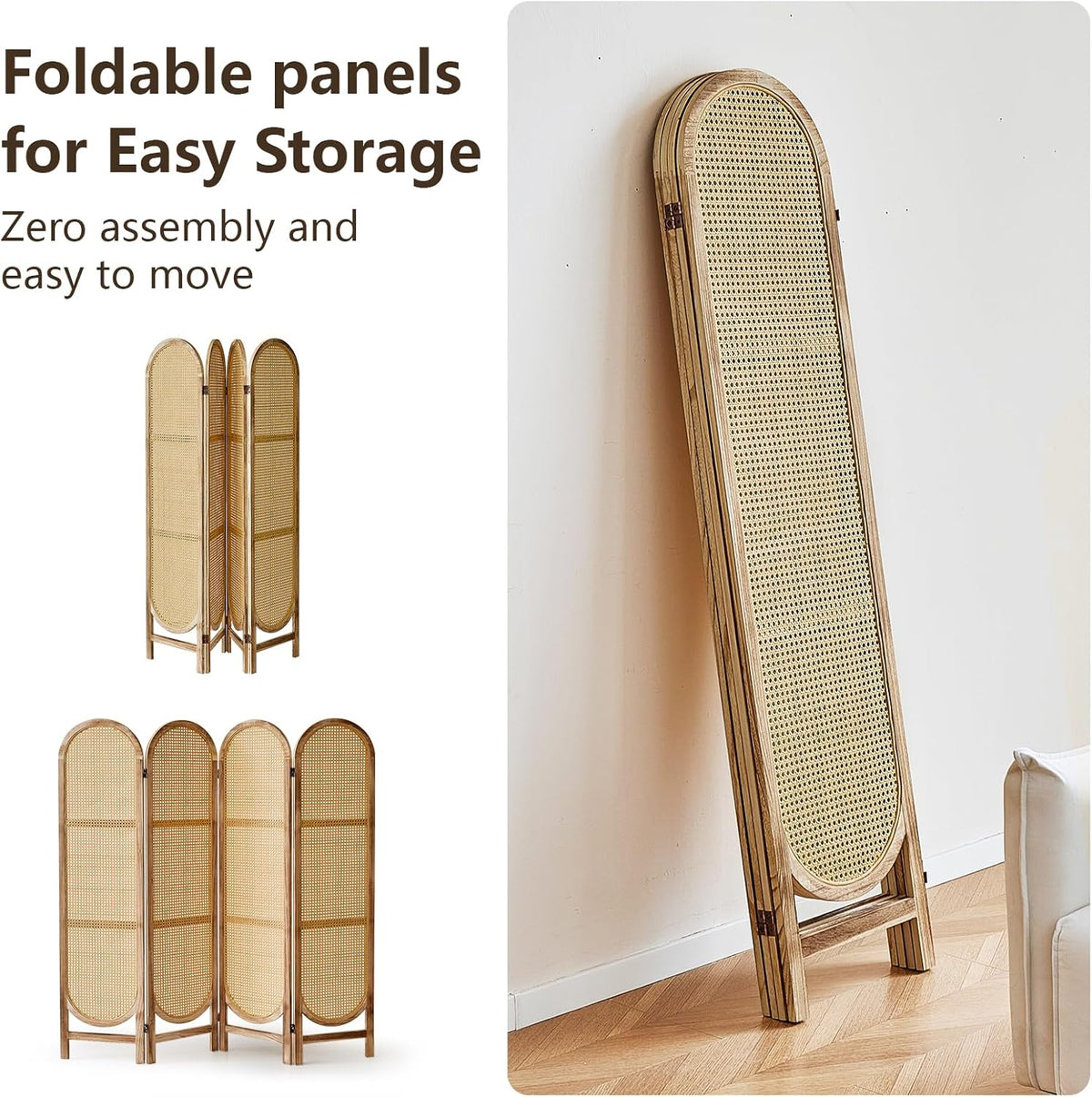 4 Panels Room Dividers and Hand-Woven Rattan Room Divider Wall, Wood Room Divider Folding Privacy Screens for Home Office Bedroom, Light Brown