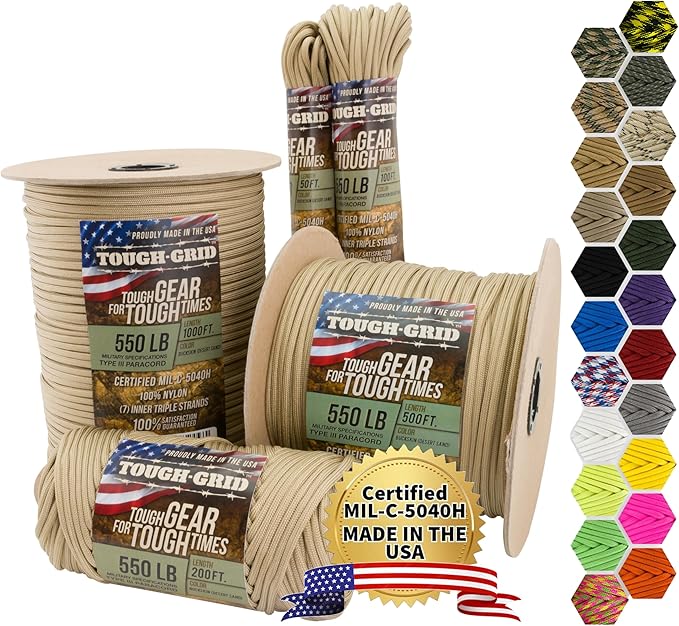 TOUGH-GRID 550 Paracord Rope Nylon Parachute Cord, Made in USA Survival Kit