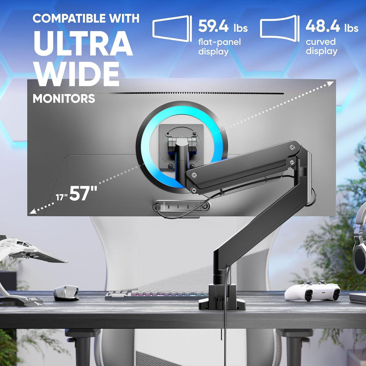 ONKRON Heavy Duty Monitor Arm for 17-57 Inch Screen up to 59.4 lbs, Ultrawide Monitor Mount with Gas Spring, VESA 75x75-200x200, Single Arm Screen Mount for Desk Swivel, Tilt, Rotation Black