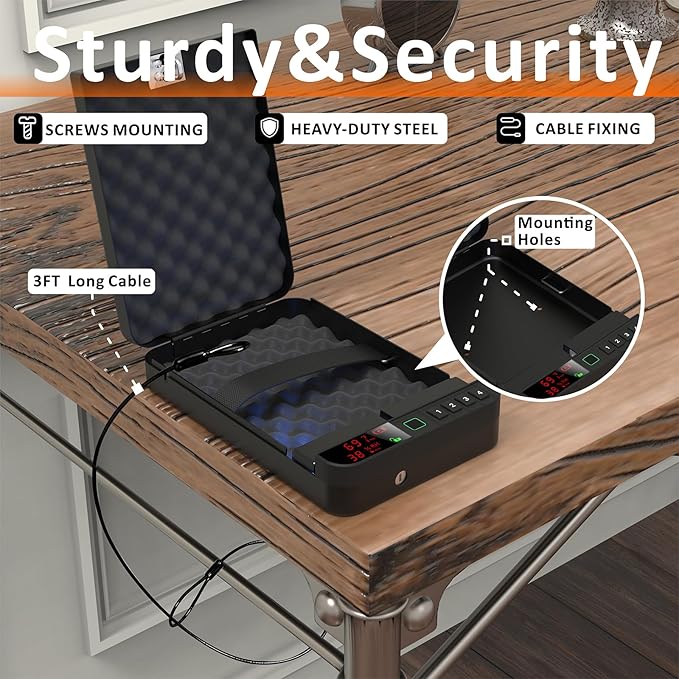 Portable Gun Pistol Safe with LCD Display of Temp, Biometric Fingerprint