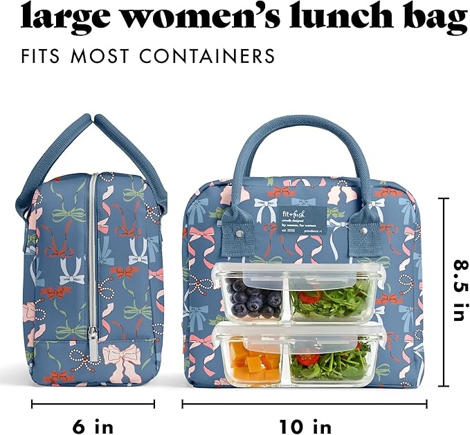 Fit & Fresh Bloomington Lunch Bag for Women - Insulated Large Lunch Box for Work with Containers, Leak-Resistant, Stain-Resistant, Zipper Closure, Denim Bows
