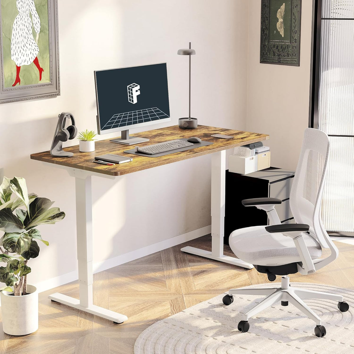 FLEXISPOT E6 Essential 3 Stages Dual Motor Electric Standing Desk 55x28 Inch Whole-Piece Board Height Adjustable Electric Sit Stand Desk(White Frame + Special Walnut Desktop, 2 Packages)