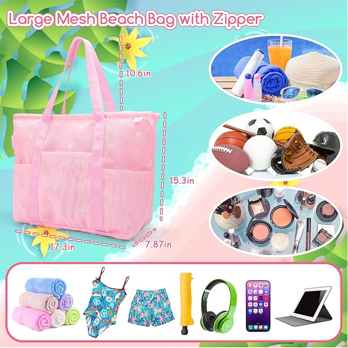 Tagitary Mesh Beach Bag with Zipper Large Beach Tote Waterproof Sandproof with