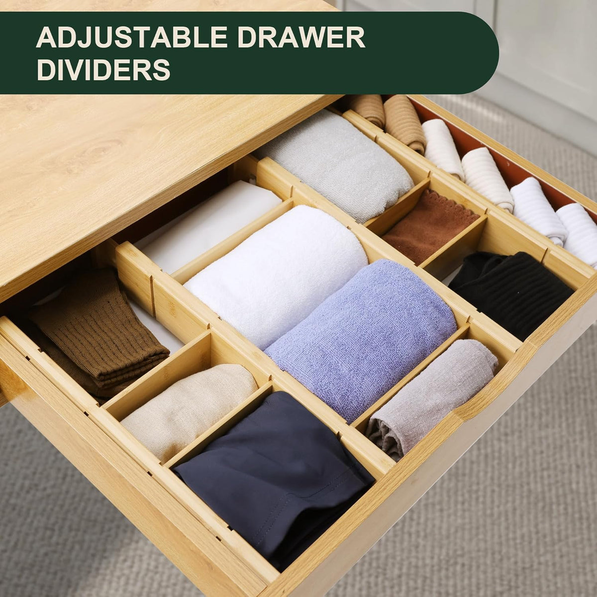 Utoplike Kitchen Drawer Divider with Inserts, Bamboo Drawers Organizer Adjustable, 4 pcs Large Expandable Wood Socks Drawer Organization for Dresser, Office, Spring Loaded