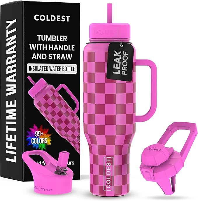 Coldest Tumbler with Handle and Straw, 100% Leak Proof Insulated Tumbler with Lid and Straw (3 Lids), Stainless Steel Tumblers for Women & Men, Cup Holder Friendly, 46 oz (Purple Checkers)