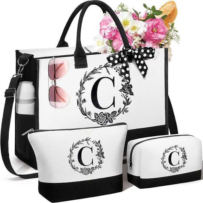 Personalized Christmas Gifts for Women, Initial Canvas Tote Bag & Makeup Bag