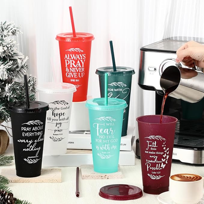Havawish 12 Pcs Mothers Day Christian Tumbler Gift Bulk Religious Inspirational 24 oz Drinking Jesus Cup with Lid Straw Bible Verse Plastic Cup for Church Father Teacher First Communion (Joyous Color)