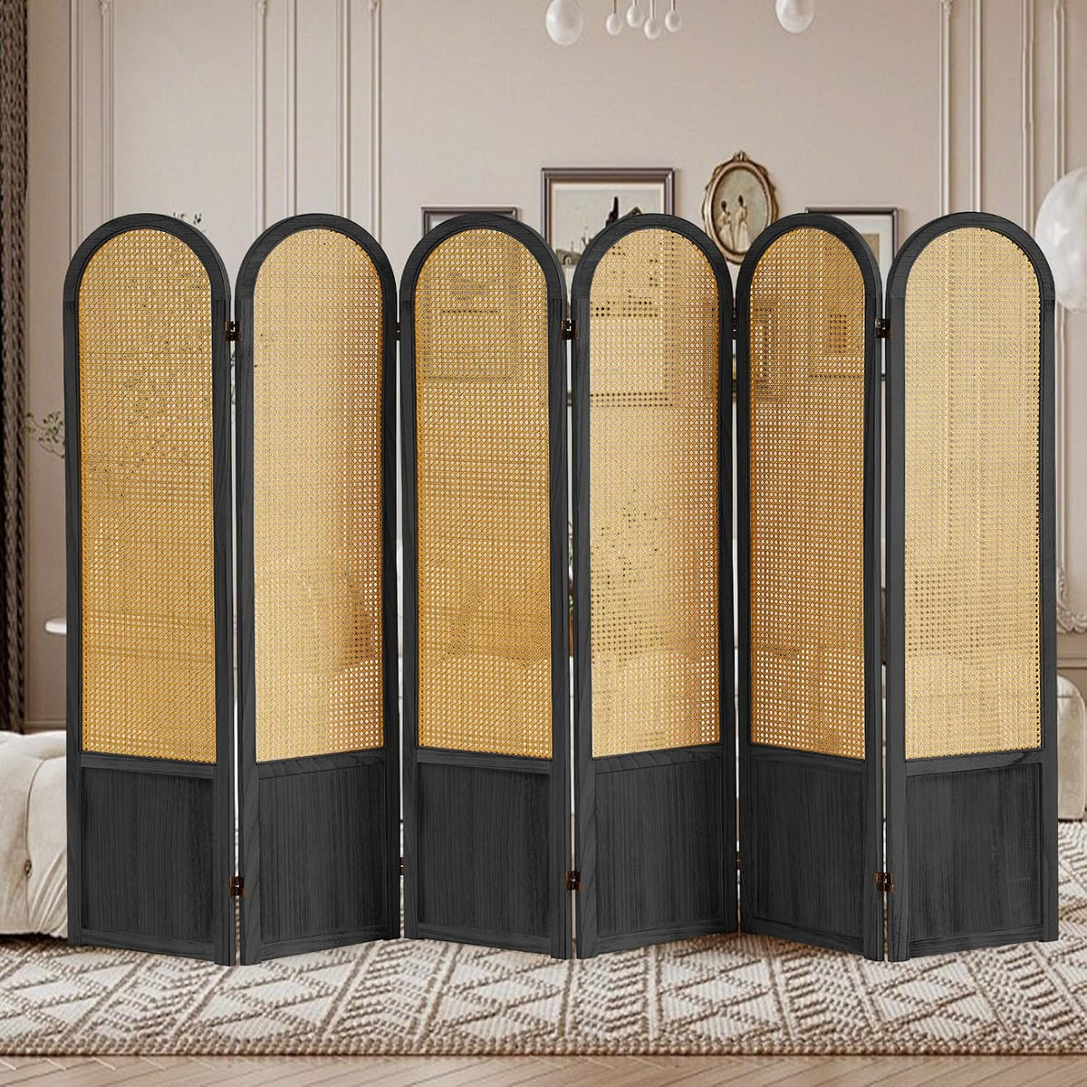 6 Panel Rattan Room Divier, Room Divider Panel and Folding Privacy Screens, Room Divider Wall, Solid Wood Frame, Partition Room Dividers, Bedroom, Lounge, Black