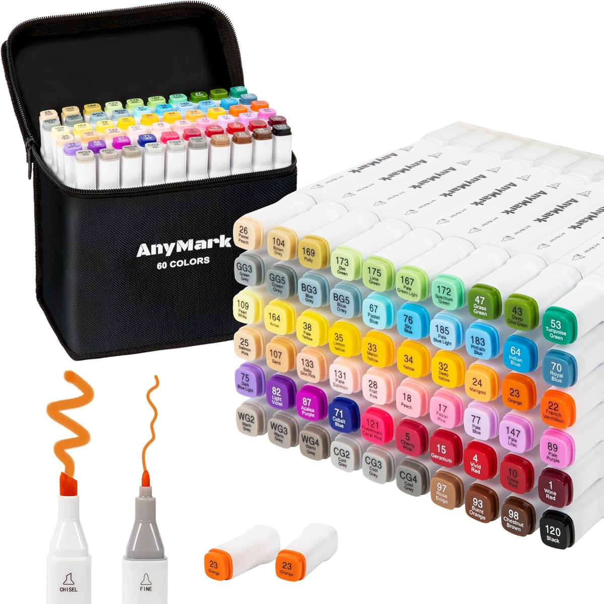 AnyMark Alcohol Markers, 60 Colors Dual Tip Art Coloring Markers Set for Kids Adult Book Drawing Sketching Painting, Chisel & Fine, White Penholder