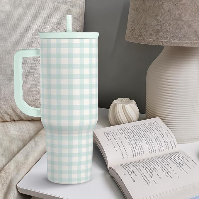 SANDJEST Mint Gingham 40oz Slider Tumbler with Handle and Straw - Insulated Stainless Steel Travel Coffee Mug for Women Girls, Gift for Birthday, Christmas