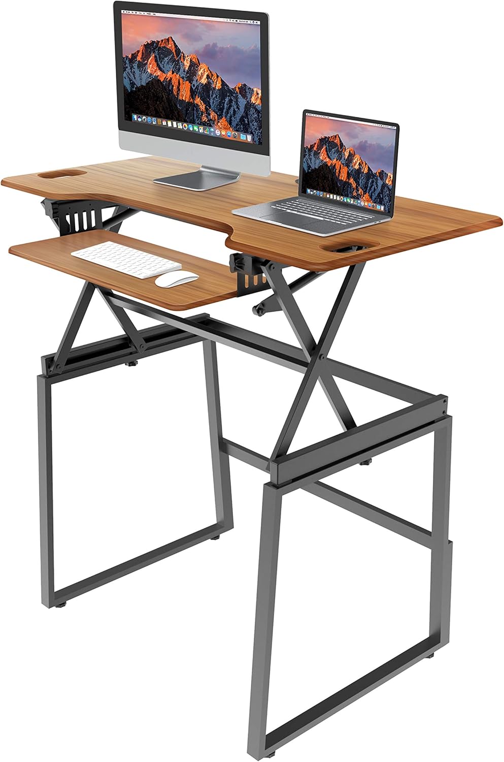 Rocelco 46" Large Height Adjustable Standing Desk BUNDLE - Quick Sit Stand Up Dual Monitor Riser - Gas Spring Assist Computer Workstation - Retractable Keyboard Tray - Teak wood Grain (R DADRT-46-FS2)