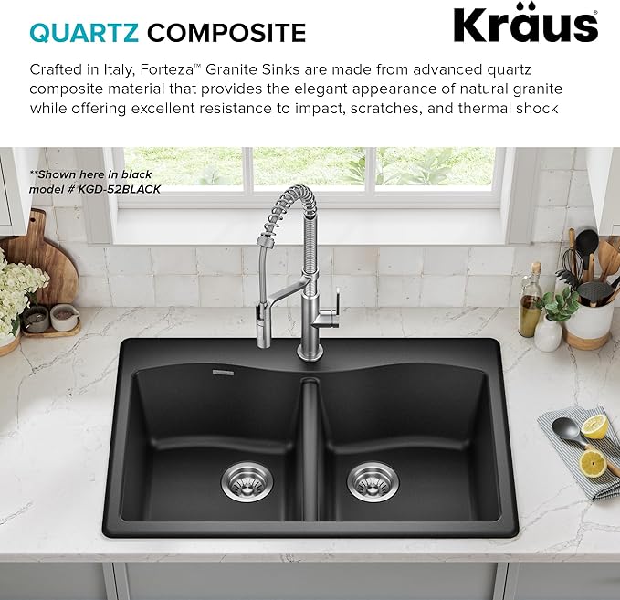 KRAUS Forteza 33-inch Granite Drop In/Undermount 50/50 Double Bowl White